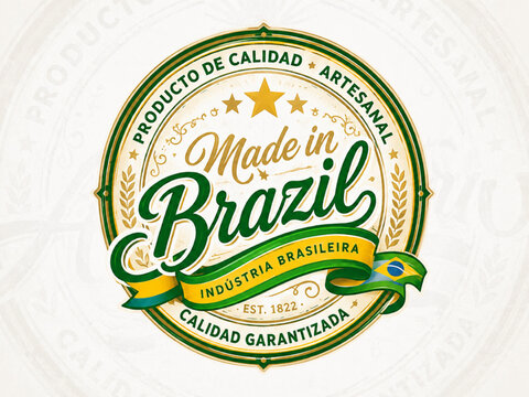 Made in Brazil Logo: A vintage-style seal or badge that reads Made in Brazil with Industria Brasileira and Calidad Garantizada below. Features include stars, wheat stalks, and the Brazilian flag.Vinta