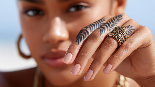 Close-up ethnic hand with amazigh tattoo symbols and gold rings for cultural jewelry background and fashion detail