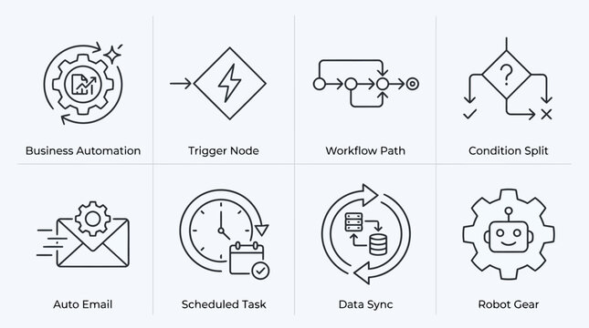 Business automation trigger node workflow path condition split auto email scheduled task data sync robot gear icons.