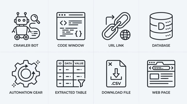 Technology and business icons crawler bot code window url link database.