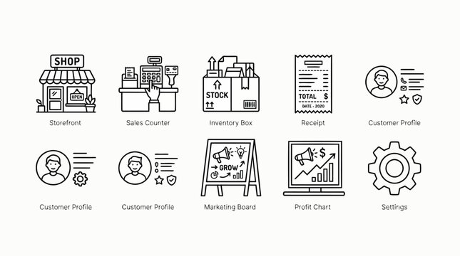 Retail and business icons collection storefront sales counter inventory receipt customer profile.