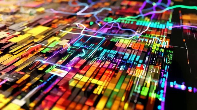 Vibrant Neon Digital Circuits Pulsing with Colorful Energy Flows.