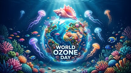 Colorful underwater world ozone day celebration with marine life and coral reefs surrounding earth globe