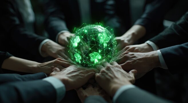 Business hands encircle glowing green sphere with interconnected network and clovers