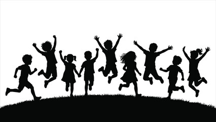 Fototapeta premium The Magic of Childhood Joyful Silhouette of Children Jumping and Running in a Meadow.