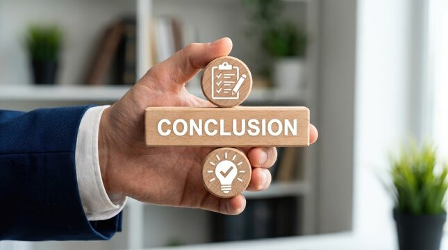 Businessman holding wooden blocks with conclusion