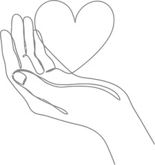 Obraz premium Minimalist continuous line drawing of a hand holding a heart, elegant charity and love concept vector, simple outline art for healthcare and romance