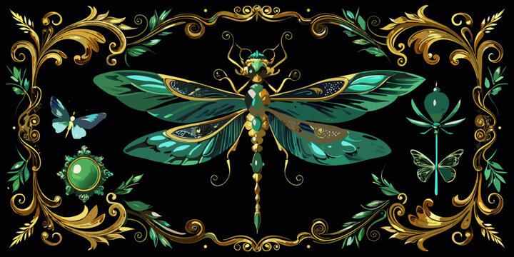 Ornate emerald dragonfly in vintage golden filigree frame, vector