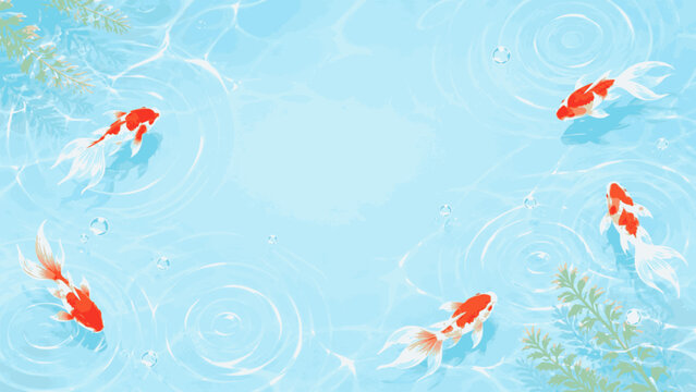 金魚と水紋を描いた涼しげな夏の和風背景イラスト