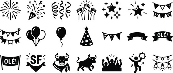 Fototapeta premium Spanish San Fermin Festival and Party Celebration Icon Set, Black Glyph Vector Elements