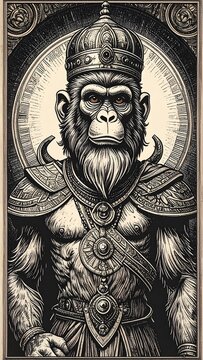 Intricate illustration of a regal monkey king with crown and detailed attire