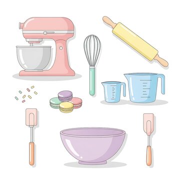 Colorful kitchen utensils and containers set isolated.