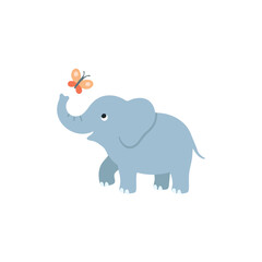 Fototapeta premium Cute baby elephant looking up at an orange butterfly on its trunk flat vector illustration of animal friendship