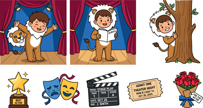 Cute Boy in Lion Costume Theater Performance Vector Set with Drama Masks, Star Trophy, Clapperboard, and Ticket for School Play Designs