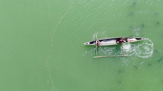 Aerial drone view of a lone fisherman paddles a dugout canoe through the vibrant green waters of Inner Malampaya Sound in Philippines