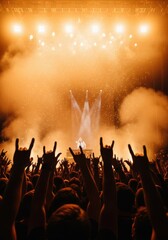 Fototapeta premium Enthusiastic Crowd Raising Hands in Rock Sign at a Live Music Concert with Bright Orange Stage Lights and Smoke