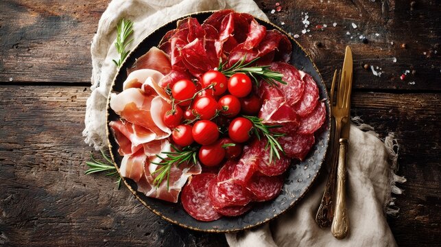 A circular platter overflowing with cured meats, cherry tomatoes, and rosemary sprigs