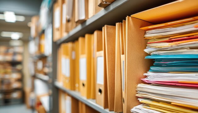Rows of tan file folders and stacked papers on archive shelves