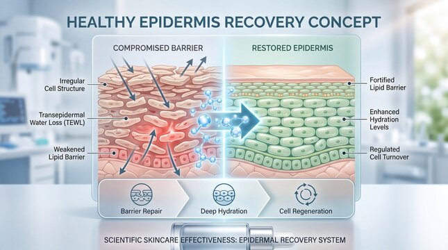 Healthy skin recovery concept, cell structure, restored epidermis, improved cell barrier, increased cell turnover, trans epidermal water loss reduction, clinical dermatology results