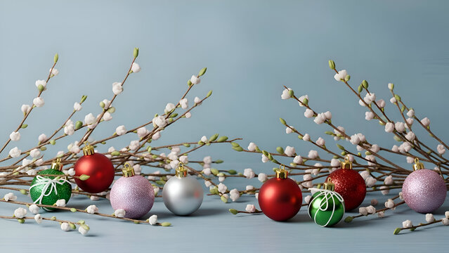 Christmas ornaments on a bunch of catkins Vector