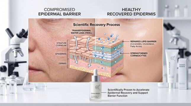 Compromised epidermal barrier healthy recovered epidermis scientific recovery process skin layer diagram facial close up epidermis dermis stratum corneum skincare serum laboratory background