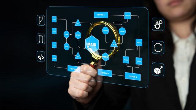 Business professional analyzing digital flowchart with magnifying glass, showcasing various components and features in a modern tech environment Quark.