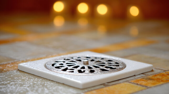 Decorative bathroom floor drain with ornate round grate on warm tile for plumbing maintenance background and guidance for sewage smell and floor vent troubleshooting