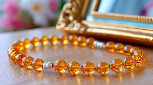 Amber prayer bead mala garland for swami vivekananda jayanti observance and devotional worship, closeup background for spiritual ceremony altar or meditation design