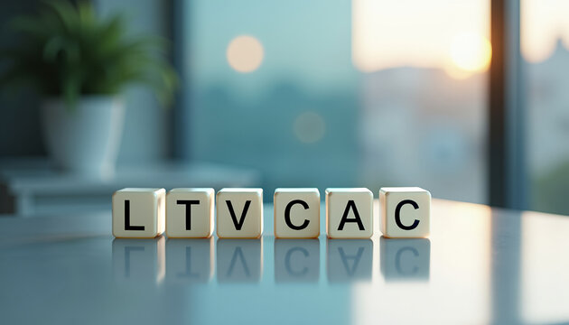 Wooden blocks arranged as LTVCAC on a reflective desk for marketing lifetime value and customer acquisition analysis background