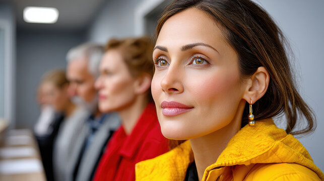 Calm woman waiting in a hospital queue with diverse patients blurred in the background for healthcare waiting room banner and patient care design