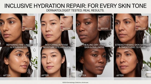Inclusive hydration repair for every skin tone, repairing fine lines, restoring moisture, healing dry skin, strengthening skin barrier, dermatologist tested, real results
