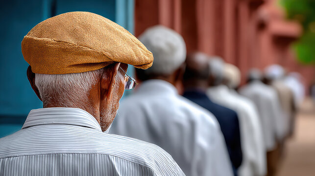 Elderly pilgrims in queue at pandharpur temple for cultural pilgrimage background with long perspective and devotional atmosphere