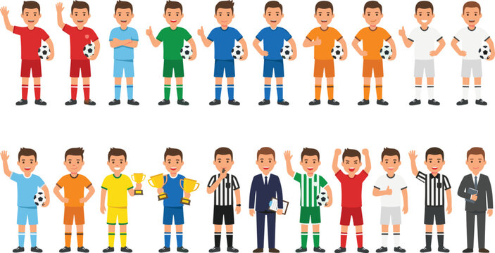 Soccer football team characters vector set featuring multiethnic players in colorful jerseys referees coaches with trophies and balls for sports tournament illustration