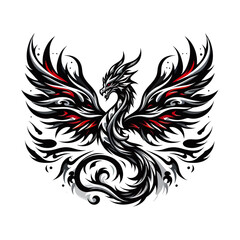 Fototapeta premium Stylized black and white dragon with red accents and intricate tribal patterns, wings spread wide in a powerful pose.