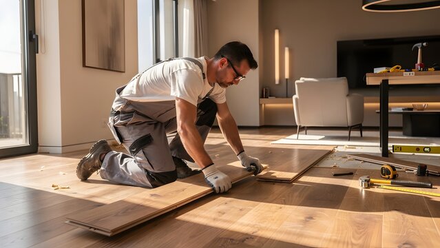Professional worker installing new wood flooring in a modern living room during home renovation project