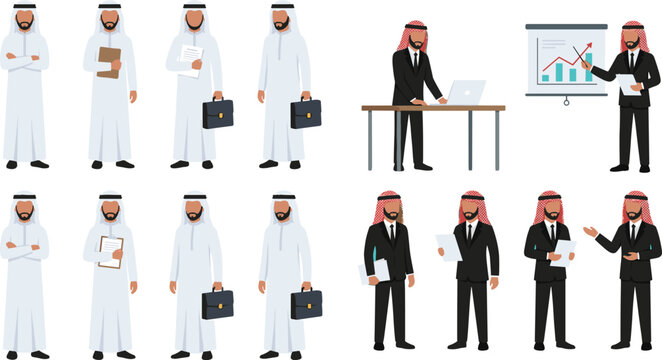 Arab business man character vector character set wearing traditional thobe and ghutra presenting data working on laptop and holding briefcase for corporate designs