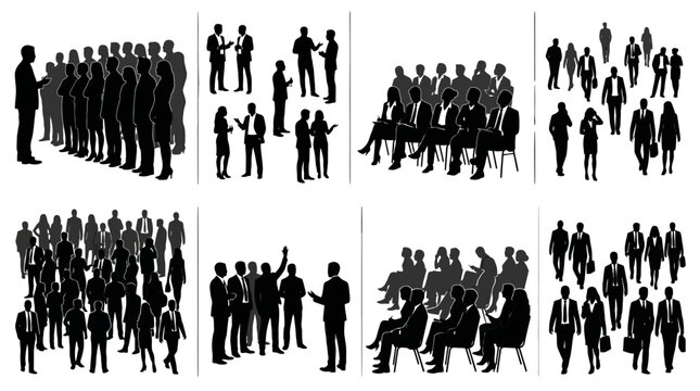 Diverse silhouettes of crowds and business professional groups in various seating and standing arrangements with minimalist white outlines on a black background. PNG, Transparent Background