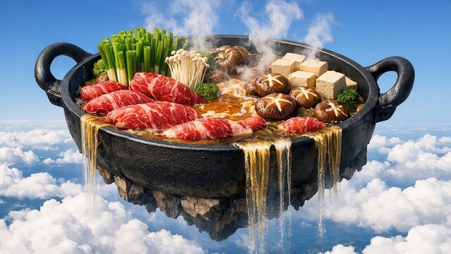 Giant Japanese Sukiyaki Hot Pot Floating Above Clouds with Wagyu Beef Steam Waterfall Surreal Sky