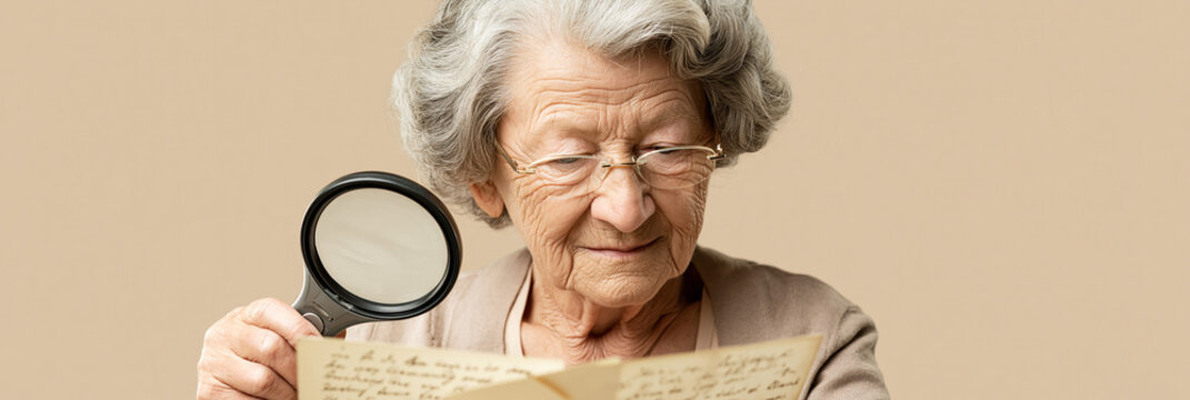 Elderly woman reading an old letter with a magnifying glass. Senior pensioner with poor eyesight inspecting a document. Vision care concept