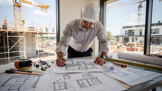 Professional architect working on residential blueprints at construction site