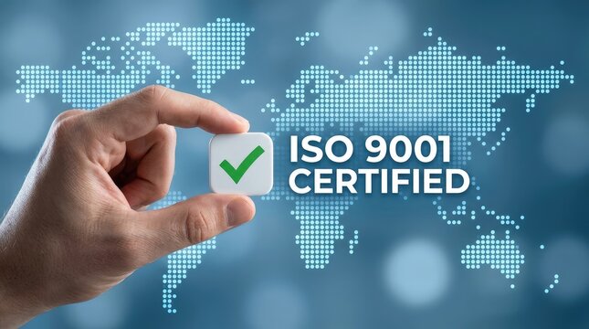 Hand holding iso 9001 certified checkmark cube