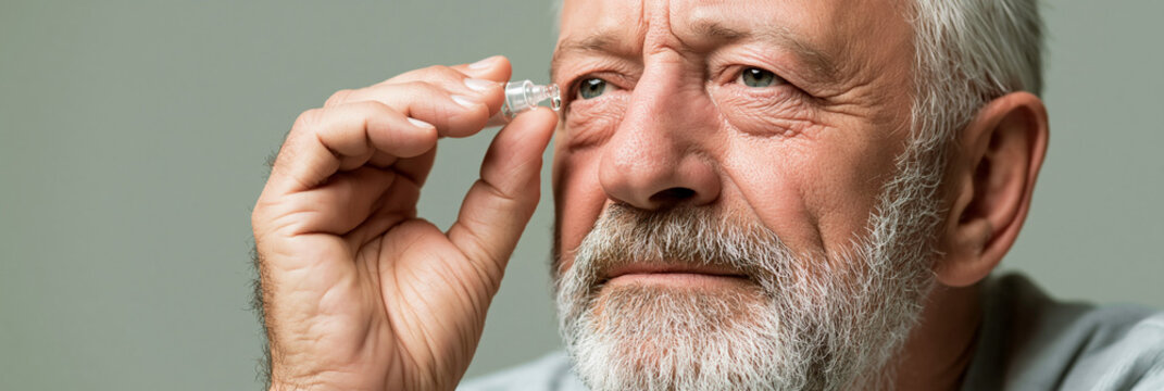 Close up of senior man applying eye drops. Elderly person treating glaucoma or dry eye syndrome. Medical eye care and vision health concept