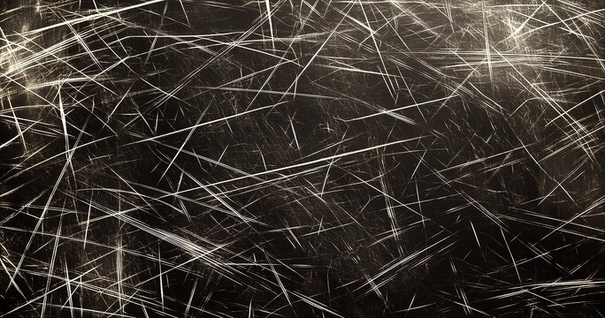 Highly Detailed Monochrome Abstract Thin Bright White Scratches Dense Chaotic Random Intersections Deep Black Background Stark Contrast Grungy Distressed Worn Texture