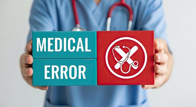 Healthcare professional holding blocks with medical error and cross symbol during clinic visit for patient safety concept
