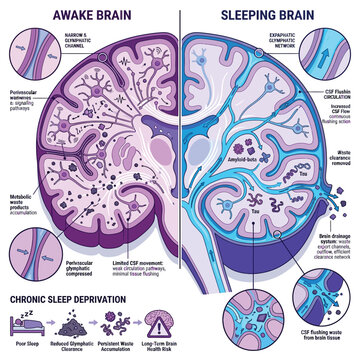Glymphatic system brain waste clearance sleep 2D cartoon design vector infographic, cerebrospinal fluid amyloid tau Alzheimer prevention neuroscience education illustration