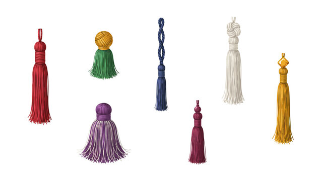 Set of colorful decorative tassels for interior design and home accessories in various shapes and sizes