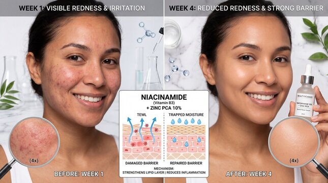 Woman with visible redness and irritation on face, before and after using serum with niacinamide and zinc PCA, improved skin texture, healthy glow, skincare routine, close up