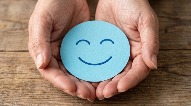 Hand holding blue paper cut happy smile face, Positive thinking, Mental health assessment , World mental health day concept