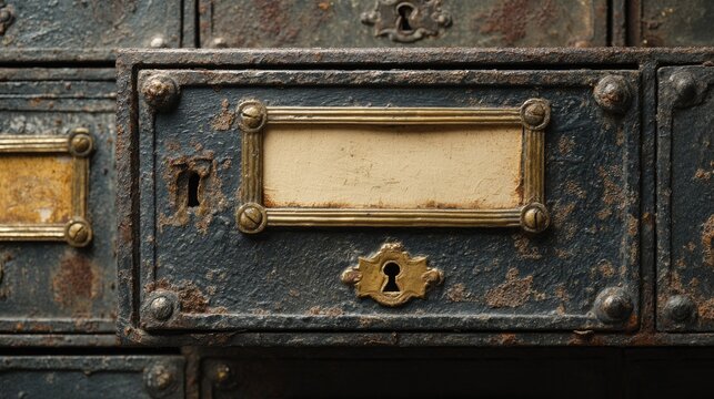 Close-up of weathered, old metal lockboxes with ornate brass details and blank labels