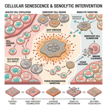 Cellular senescence zombie cells SASP aging tissue 2D cartoon flat design vector infographic, senolytic therapy longevity anti-aging biology education illustration, isolated white